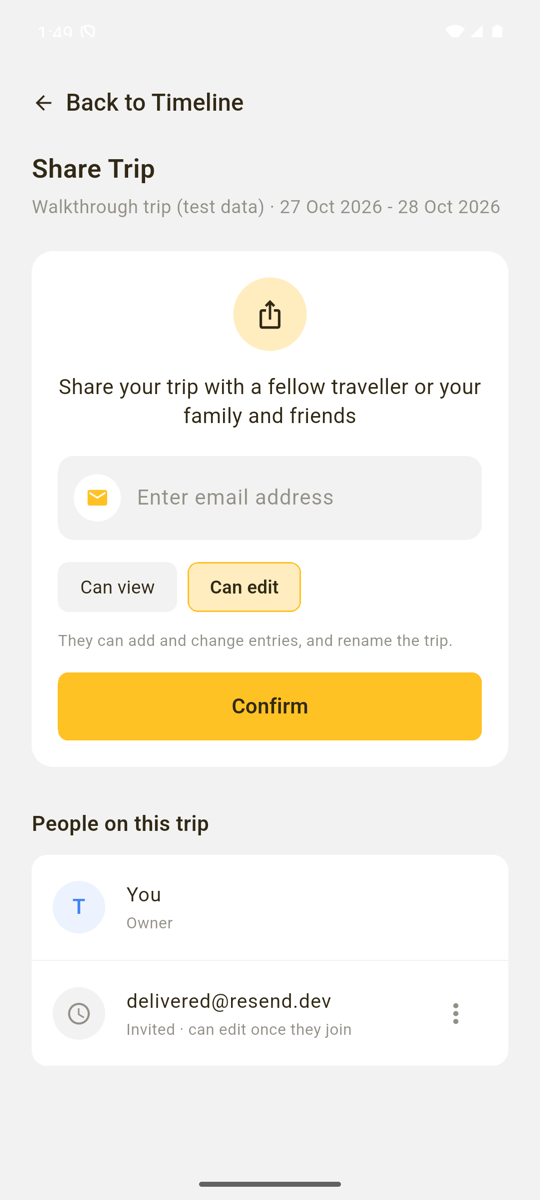 Sharing a trip by email, choosing who can view or edit